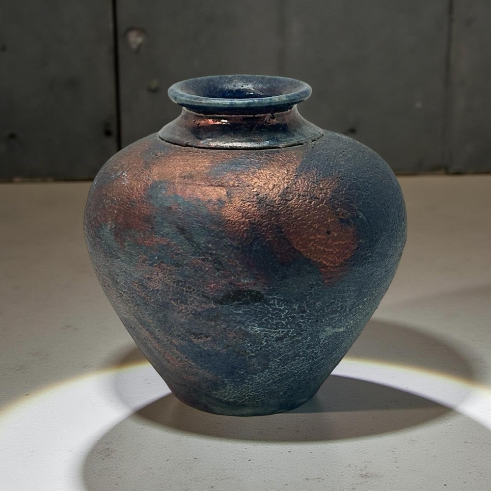 Elegant RAKU Blue and Copper Vase